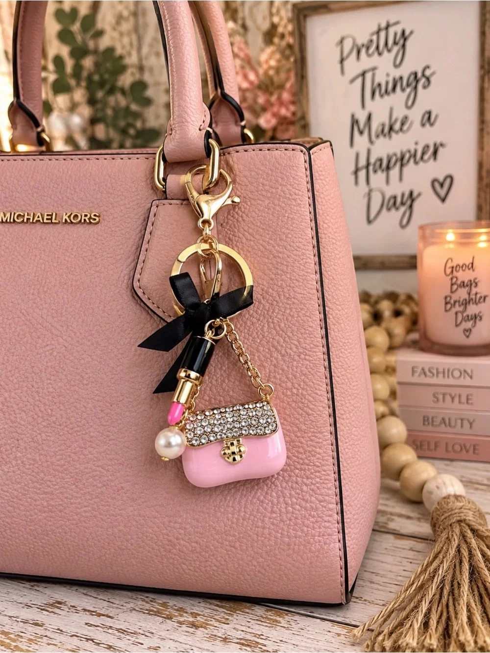 Pink Rhinestone Mini Purse Bag Charm Keychain Black Bow Lipstick Pearl NIP